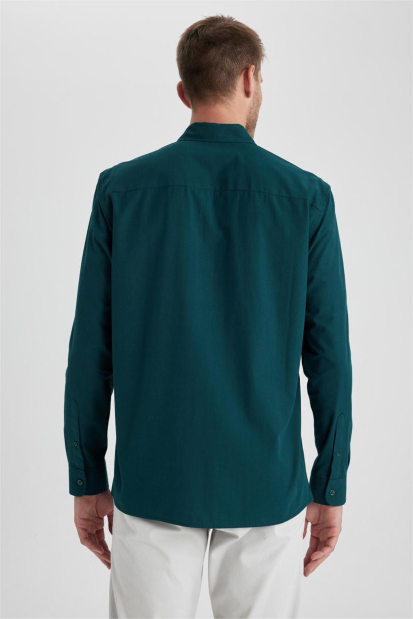 Erkek Koyu Yeşil Regular Fit Poplin Uzun Kollu Gömlek