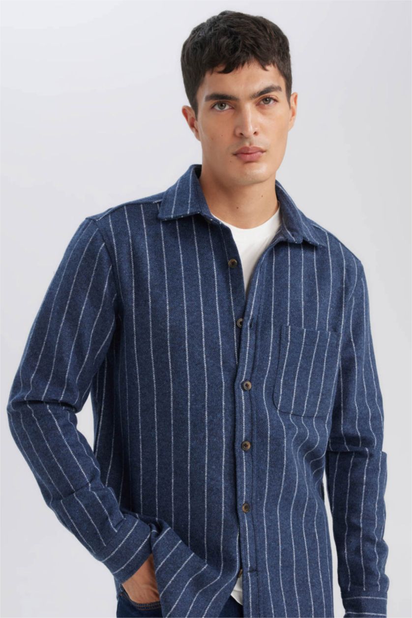 Erkek Lacivert Regular Fit Polo Yaka Çizgili Oduncu Uzun Kollu Gömlek