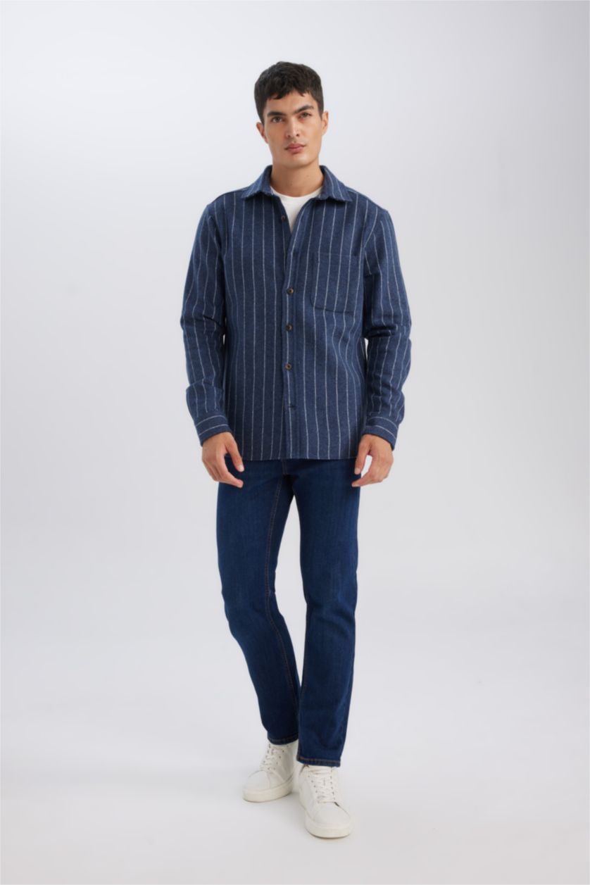 Erkek Lacivert Regular Fit Polo Yaka Çizgili Oduncu Uzun Kollu Gömlek