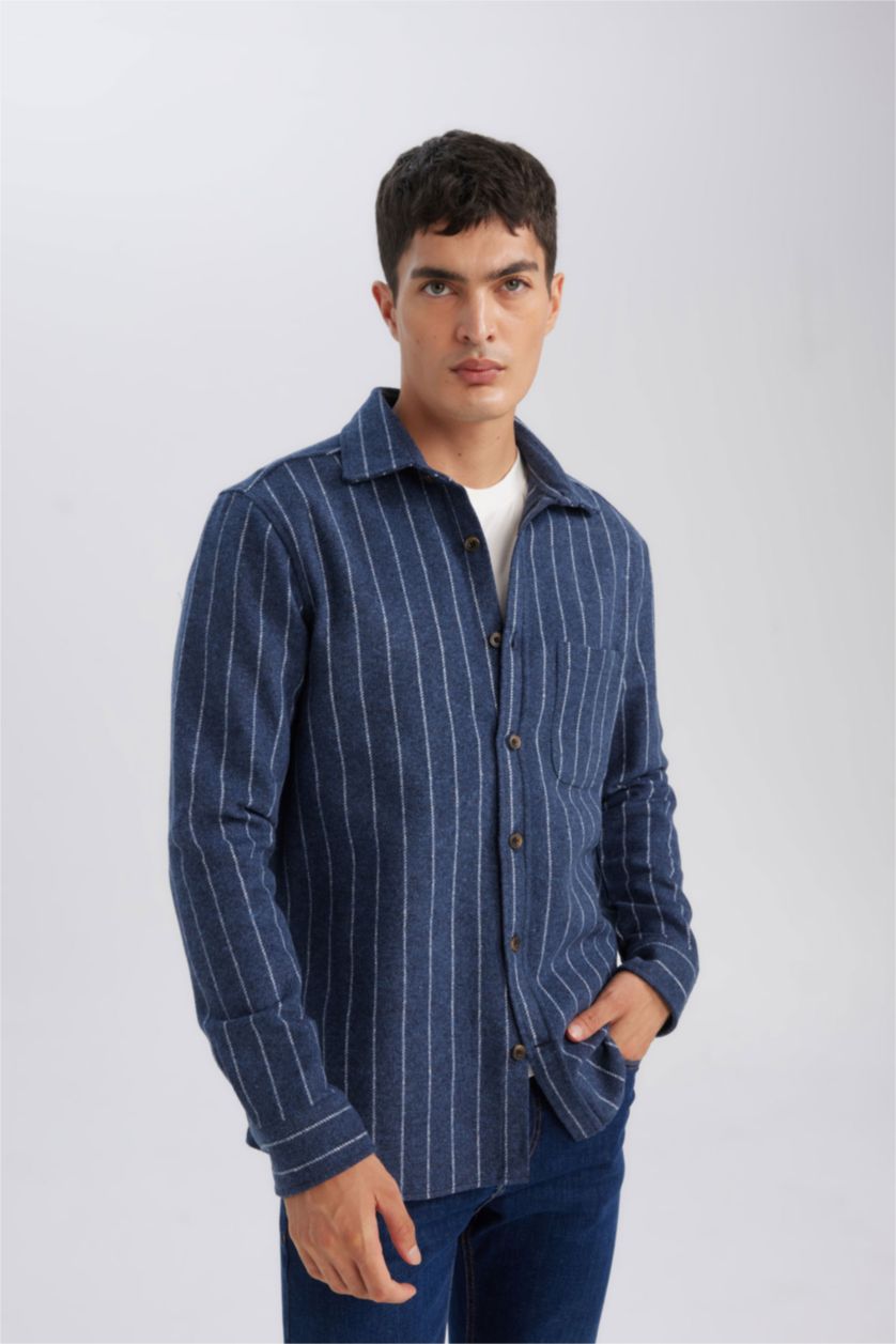 Erkek Lacivert Regular Fit Polo Yaka Çizgili Oduncu Uzun Kollu Gömlek