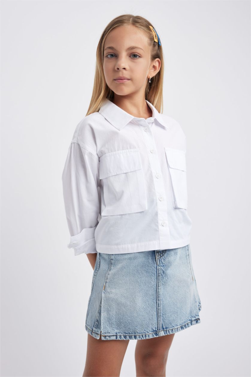 FILLES Blanc Chemise Popeline Crop À Manches Longues Pour Fille