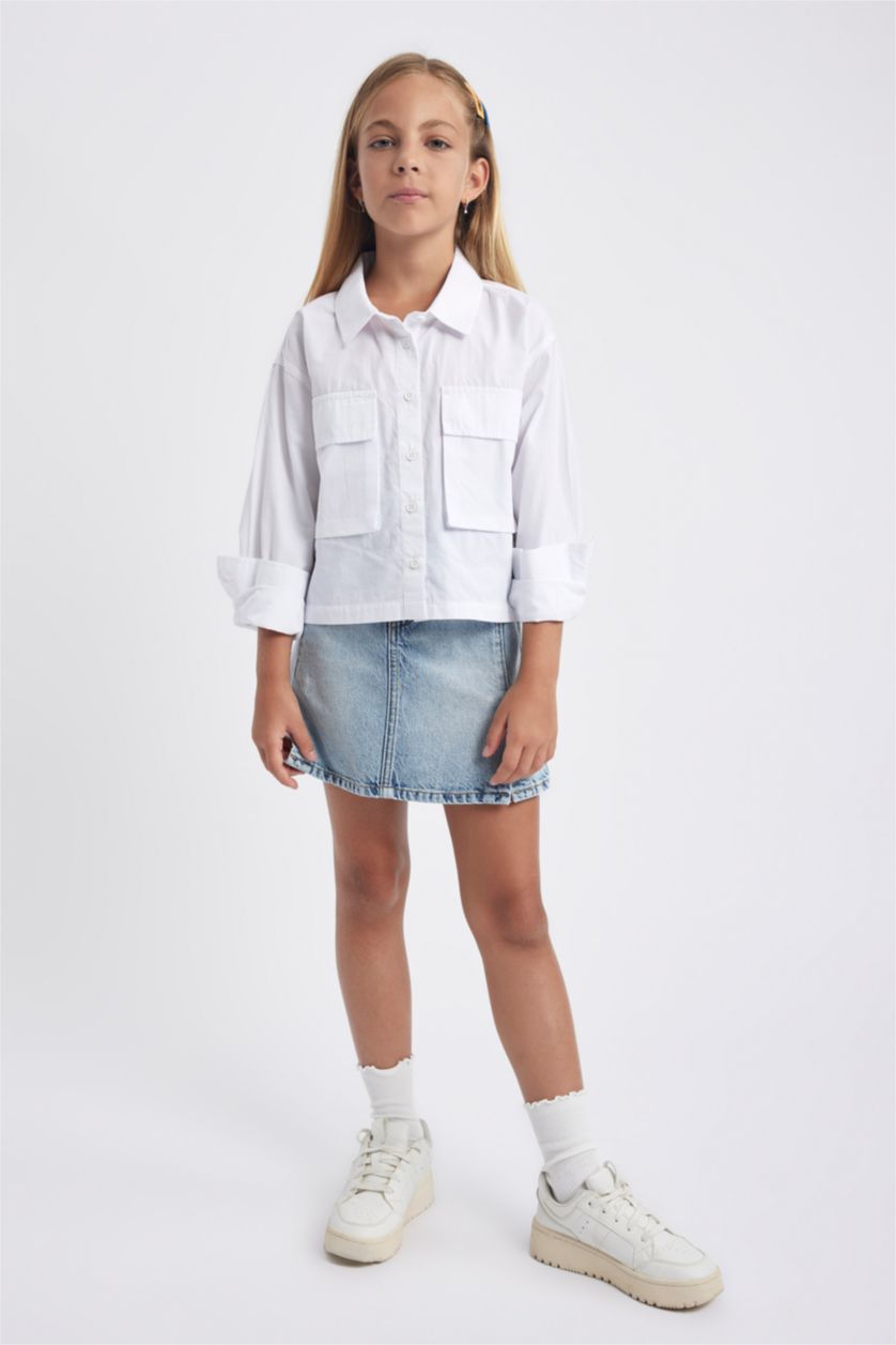 FILLES Blanc Chemise Popeline Crop À Manches Longues Pour Fille