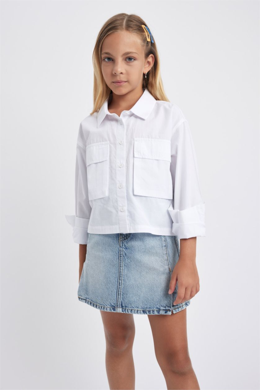 FILLES Blanc Chemise Popeline Crop À Manches Longues Pour Fille