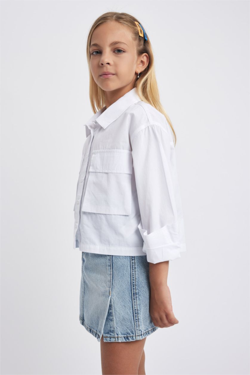 FILLES Blanc Chemise Popeline Crop À Manches Longues Pour Fille