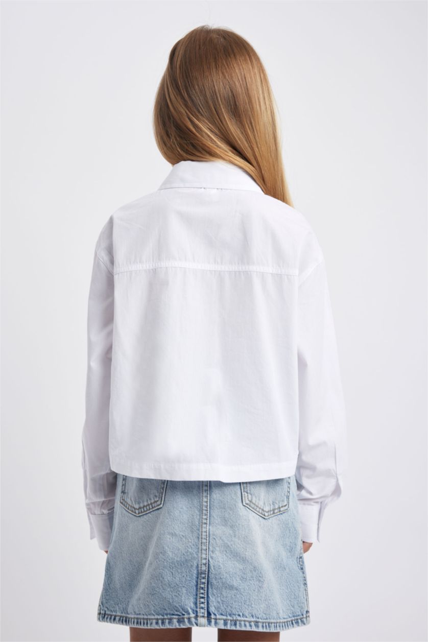 FILLES Blanc Chemise Popeline Crop À Manches Longues Pour Fille