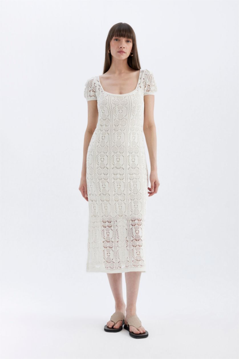 WOMAN Ecru Round Neck Short Sleeve Lace Midi Dress
