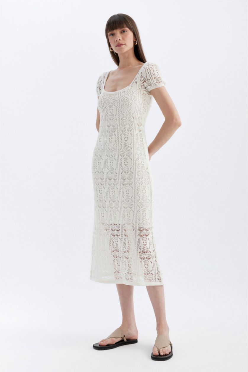 WOMAN Ecru Round Neck Short Sleeve Lace Midi Dress