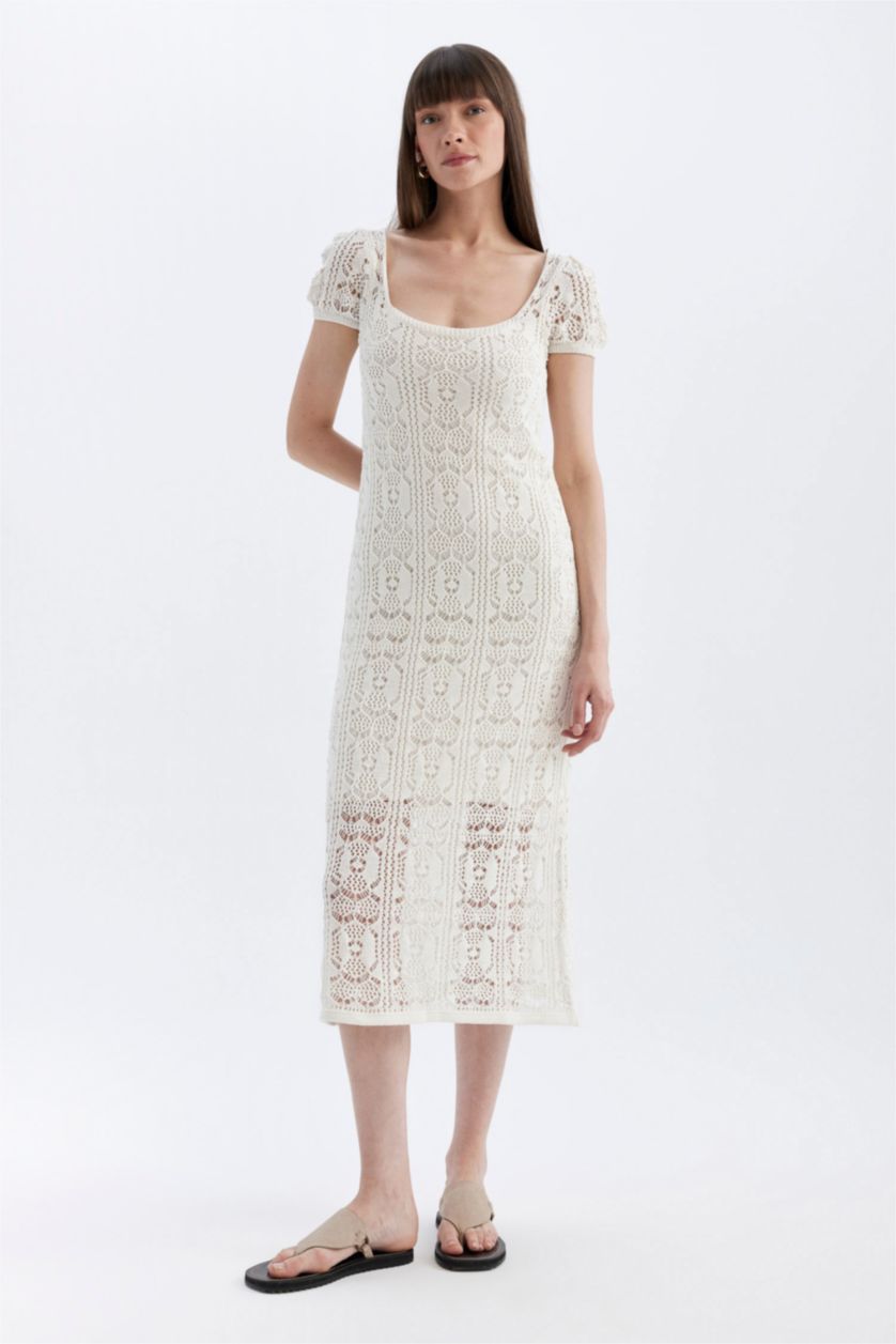 WOMAN Ecru Round Neck Short Sleeve Lace Midi Dress