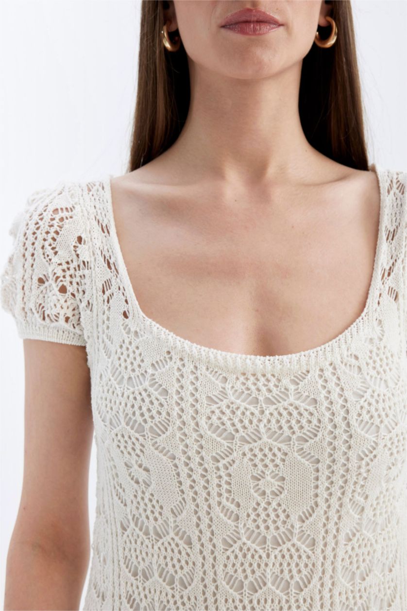 WOMAN Ecru Round Neck Short Sleeve Lace Midi Dress