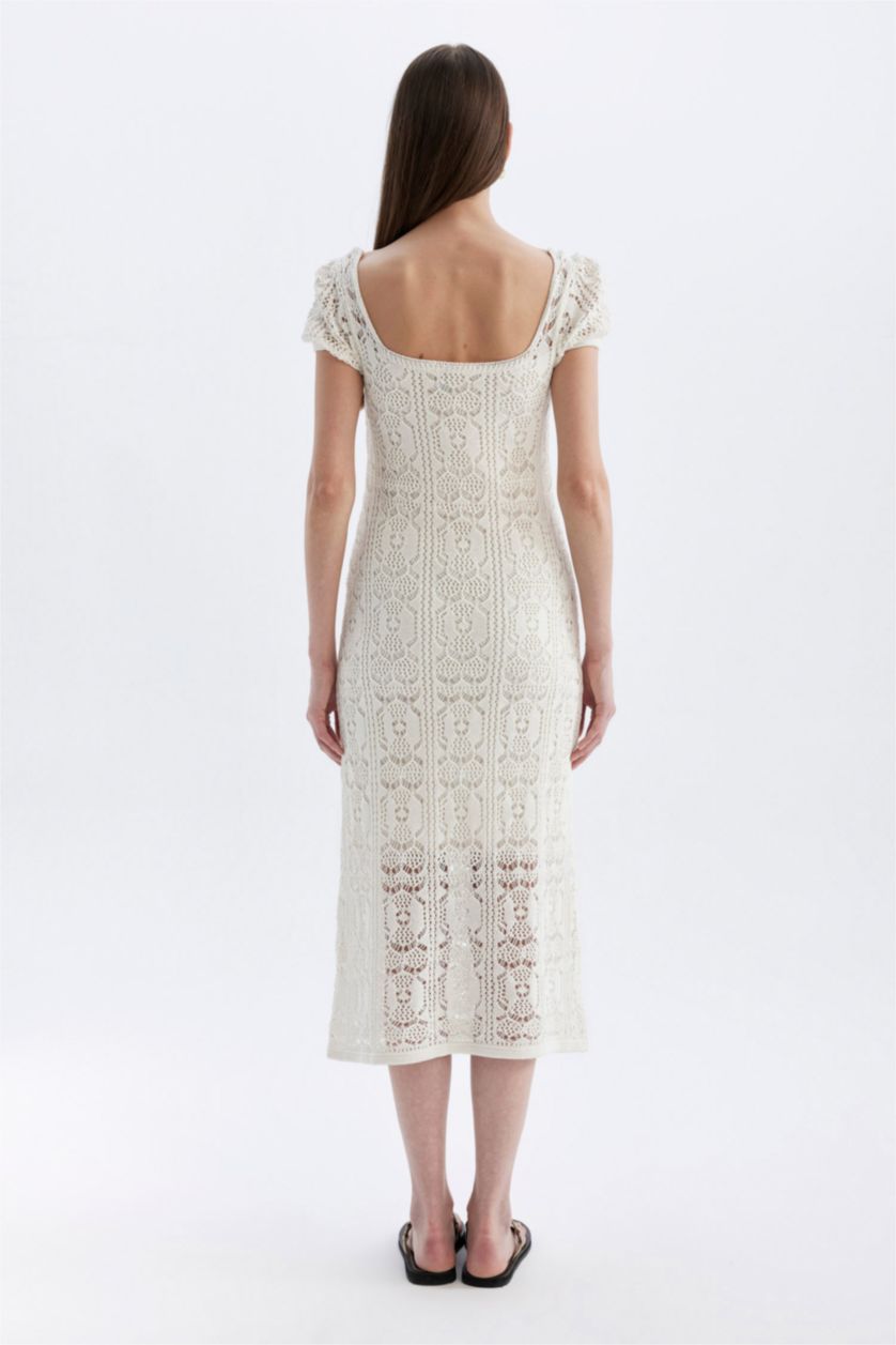 WOMAN Ecru Round Neck Short Sleeve Lace Midi Dress