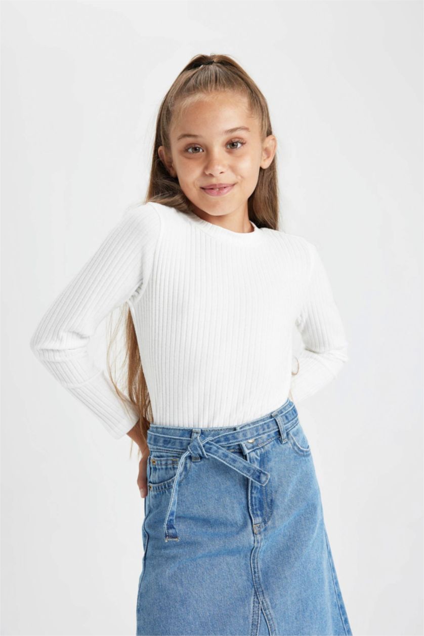 GIRLS & TEENS Ecru Girl Slim Fit Ribbed Long Sleeve T-Shirt