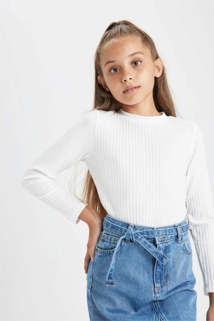 GIRLS & TEENS Ecru Girl Slim Fit Ribbed Long Sleeve T-Shirt