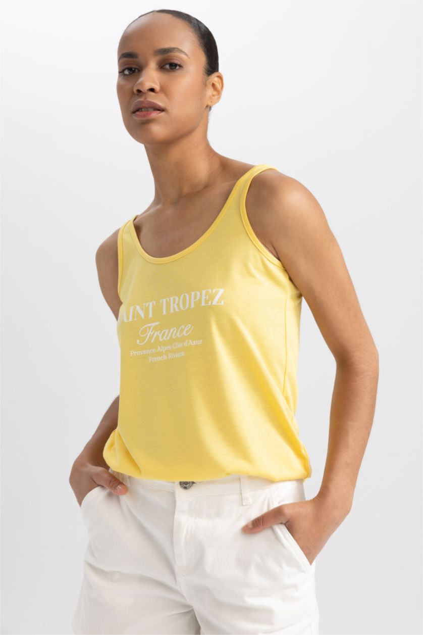 Woman Yellow Regular Fit Slogan Crew Neck Sleeveless Tank Top