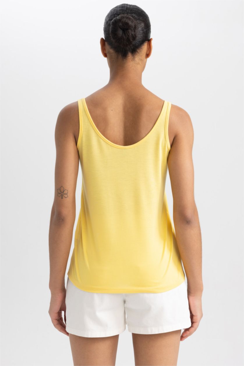 Woman Yellow Regular Fit Slogan Crew Neck Sleeveless Tank Top