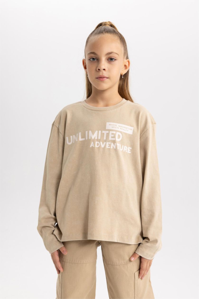 GIRLS & TEENS Beige Girl Relax Fit Combed Cotton T-Shirt