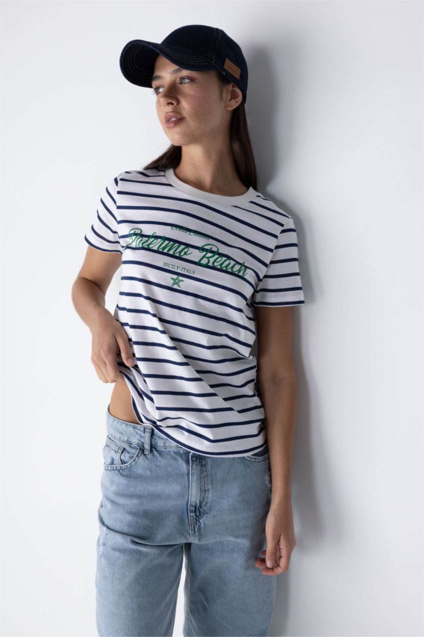 WOMAN NAVY Regular Fit Crew Neck Slogan Printed Short Sleeve T-Shirt