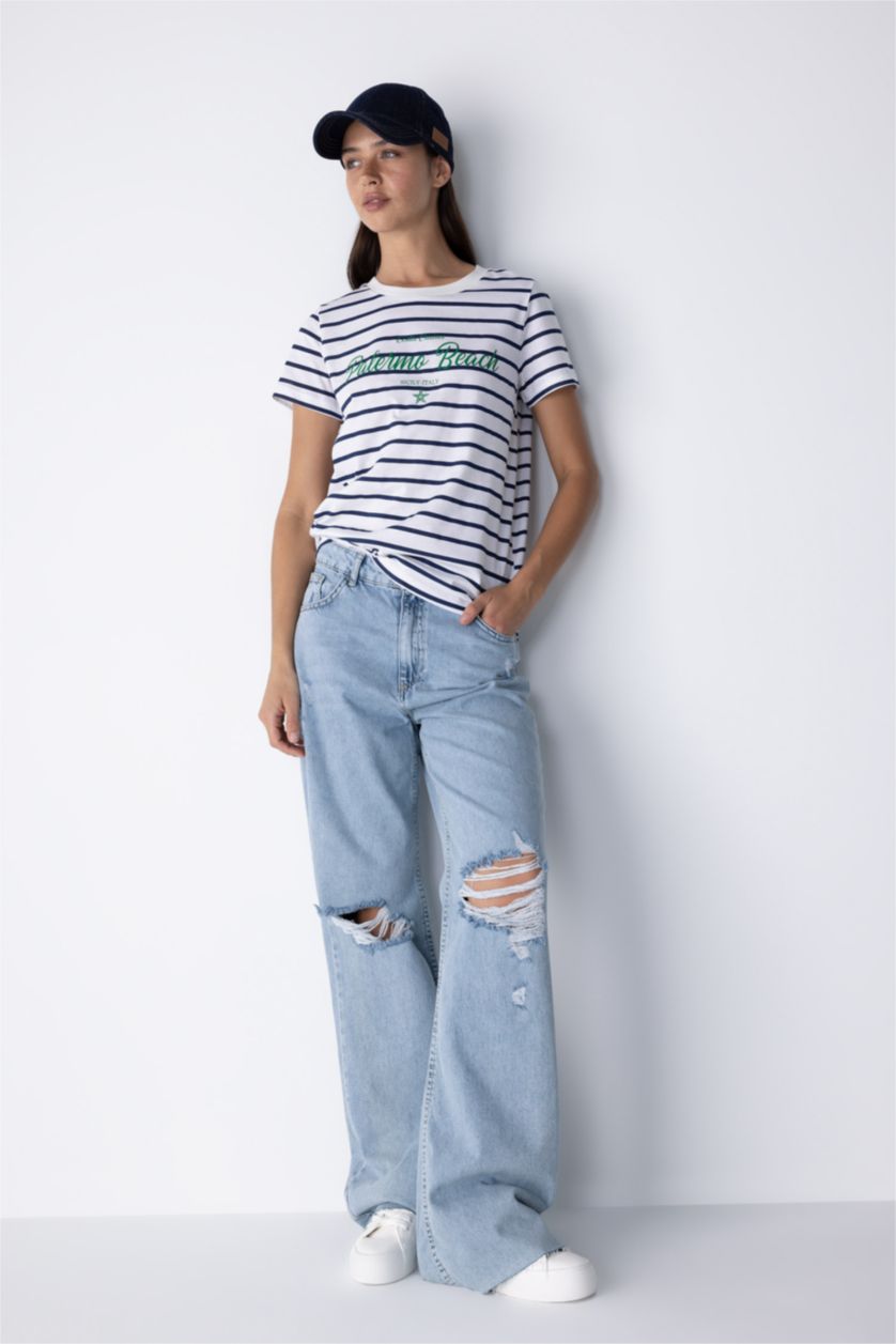 WOMAN NAVY Regular Fit Crew Neck Slogan Printed Short Sleeve T-Shirt