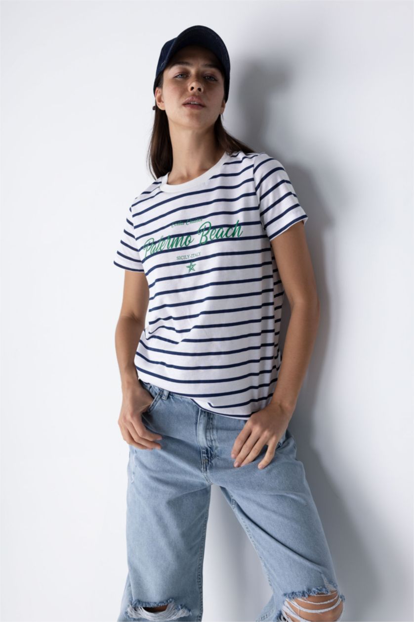 WOMAN NAVY Regular Fit Crew Neck Slogan Printed Short Sleeve T-Shirt