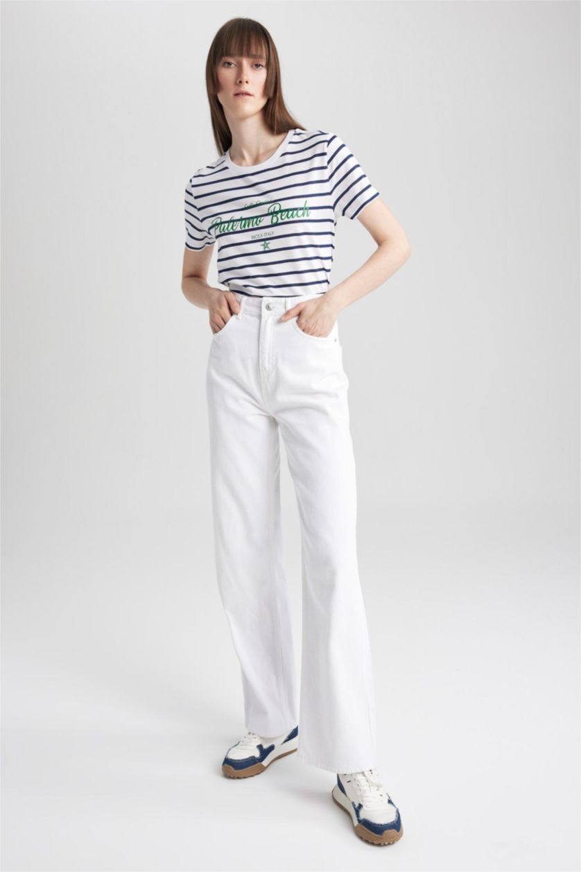 WOMAN NAVY Regular Fit Crew Neck Slogan Printed Short Sleeve T-Shirt