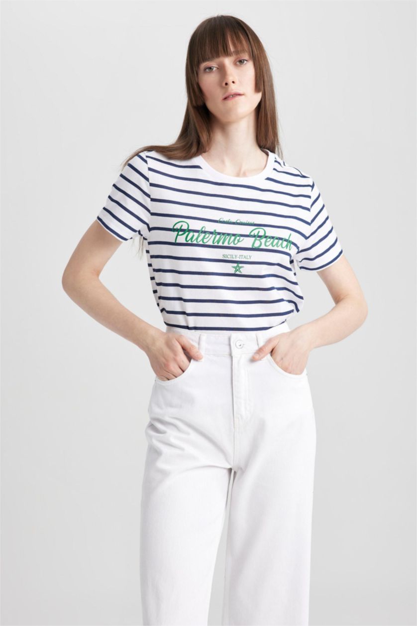 WOMAN NAVY Regular Fit Crew Neck Slogan Printed Short Sleeve T-Shirt