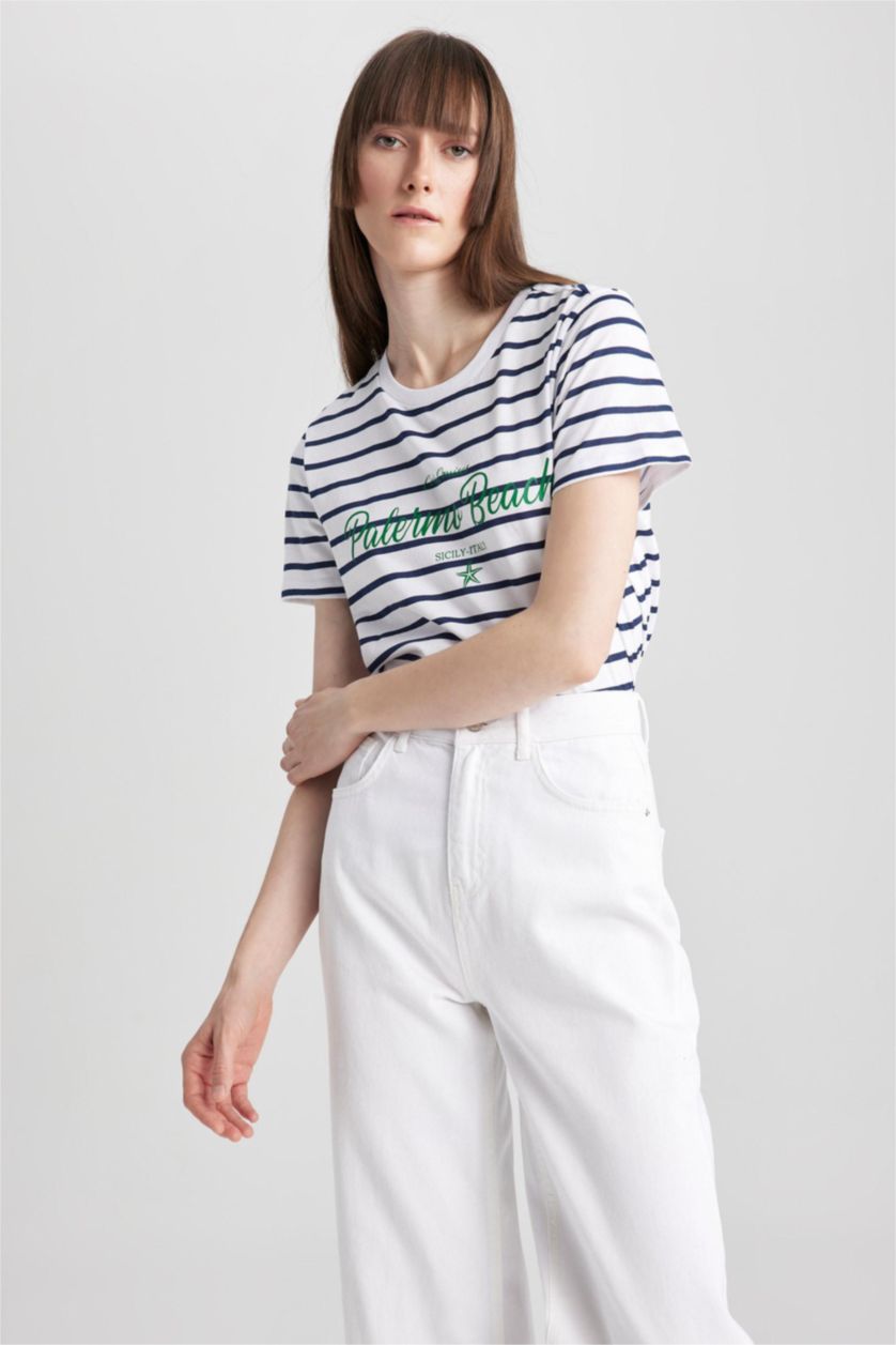 WOMAN NAVY Regular Fit Crew Neck Slogan Printed Short Sleeve T-Shirt