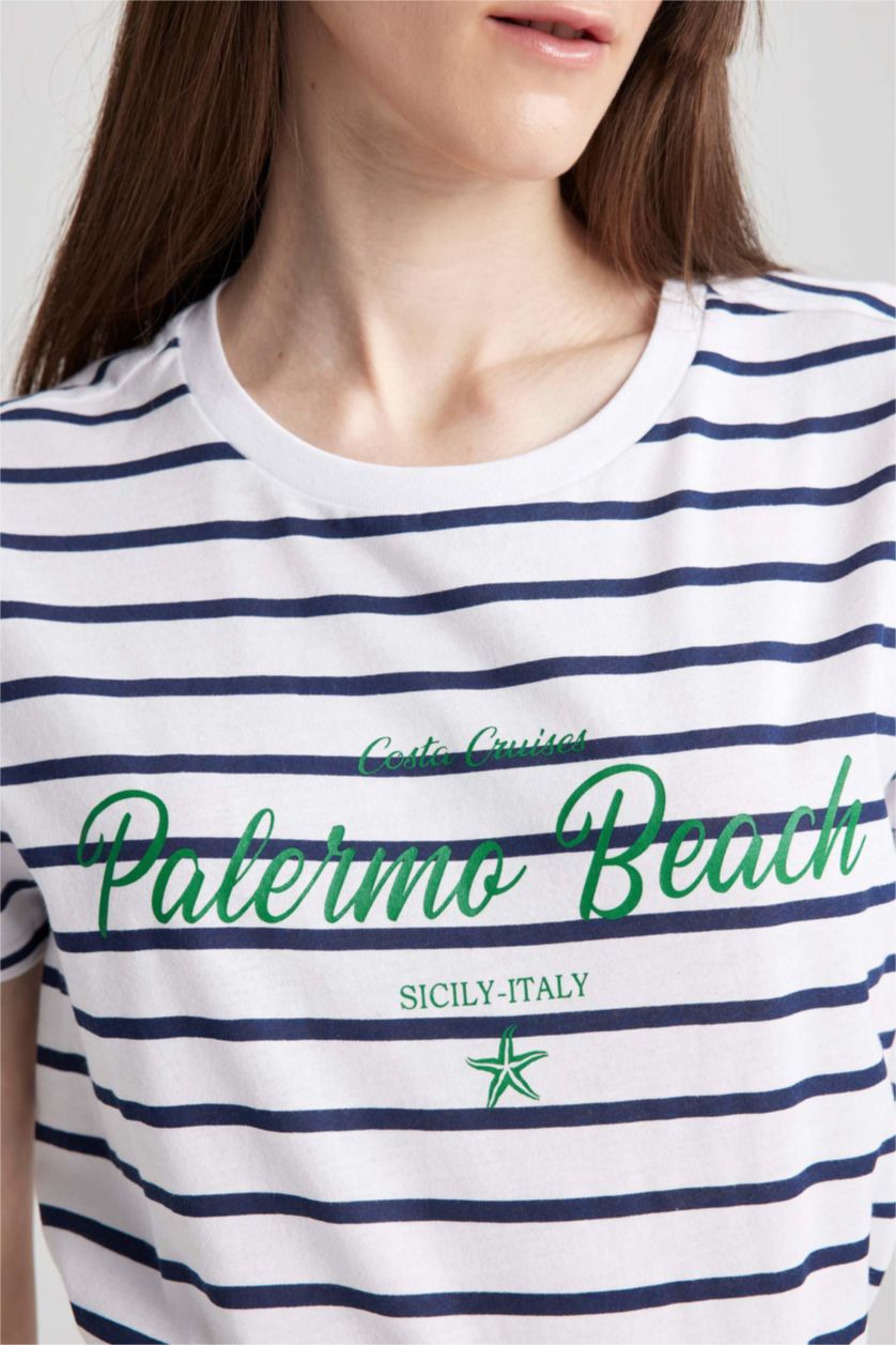 WOMAN NAVY Regular Fit Crew Neck Slogan Printed Short Sleeve T-Shirt