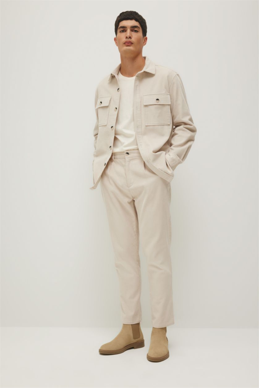 Erkek Kırık Beyaz Fitilli Kadife Pantolon Tailored Fit Cepli Düz Paça