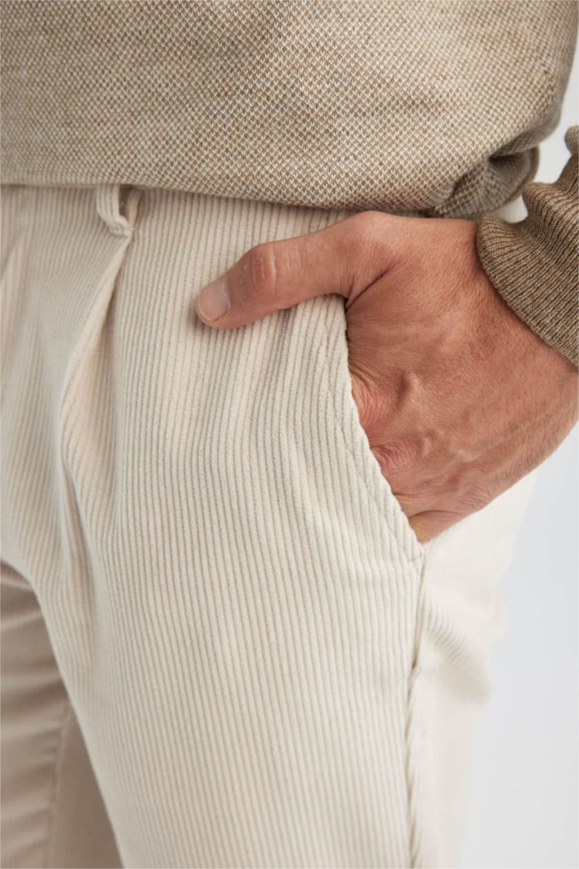 Erkek Kırık Beyaz Fitilli Kadife Pantolon Tailored Fit Cepli Düz Paça