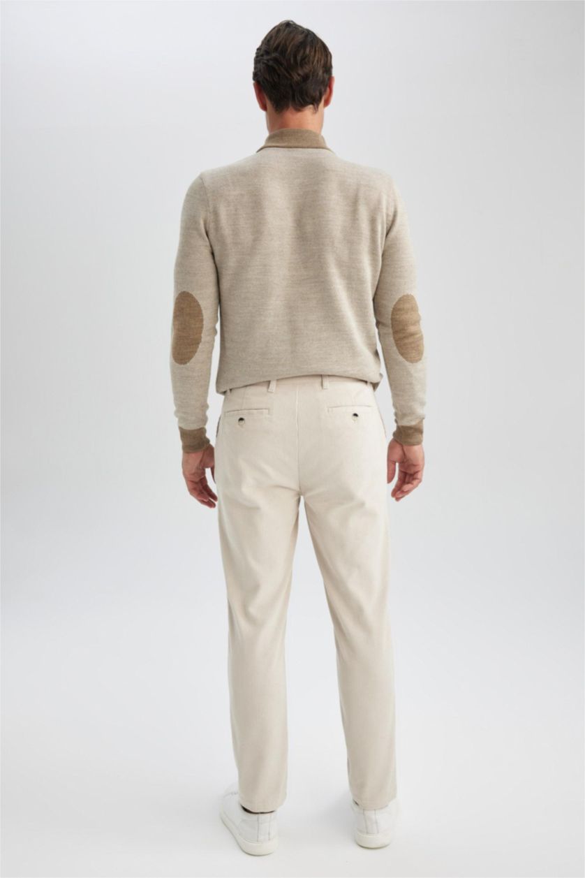 Erkek Kırık Beyaz Fitilli Kadife Pantolon Tailored Fit Cepli Düz Paça