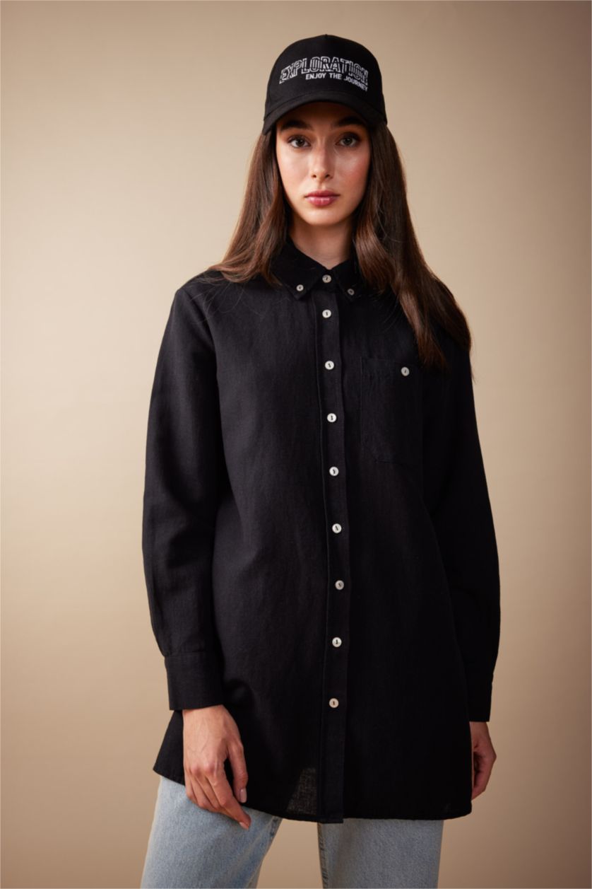 FEMME Noir Tunique À Manches Longues Lin Mélangé Coupe décontractée