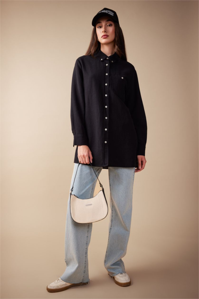 FEMME Noir Tunique À Manches Longues Lin Mélangé Coupe décontractée