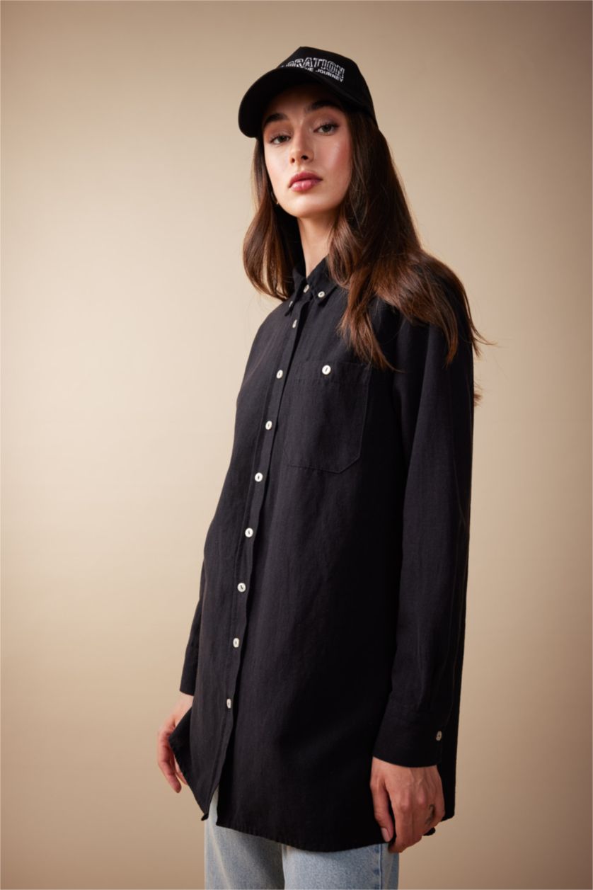 FEMME Noir Tunique À Manches Longues Lin Mélangé Coupe décontractée