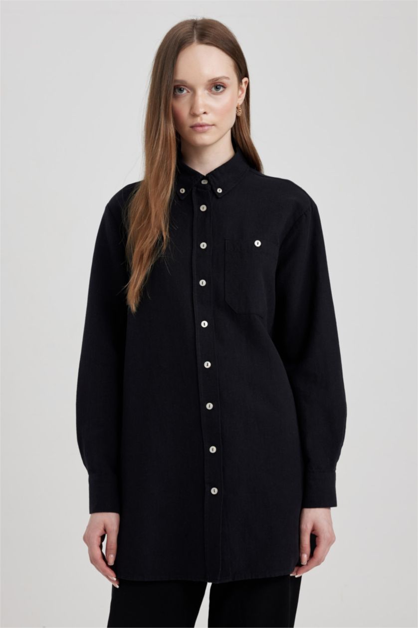 FEMME Noir Tunique À Manches Longues Lin Mélangé Coupe décontractée