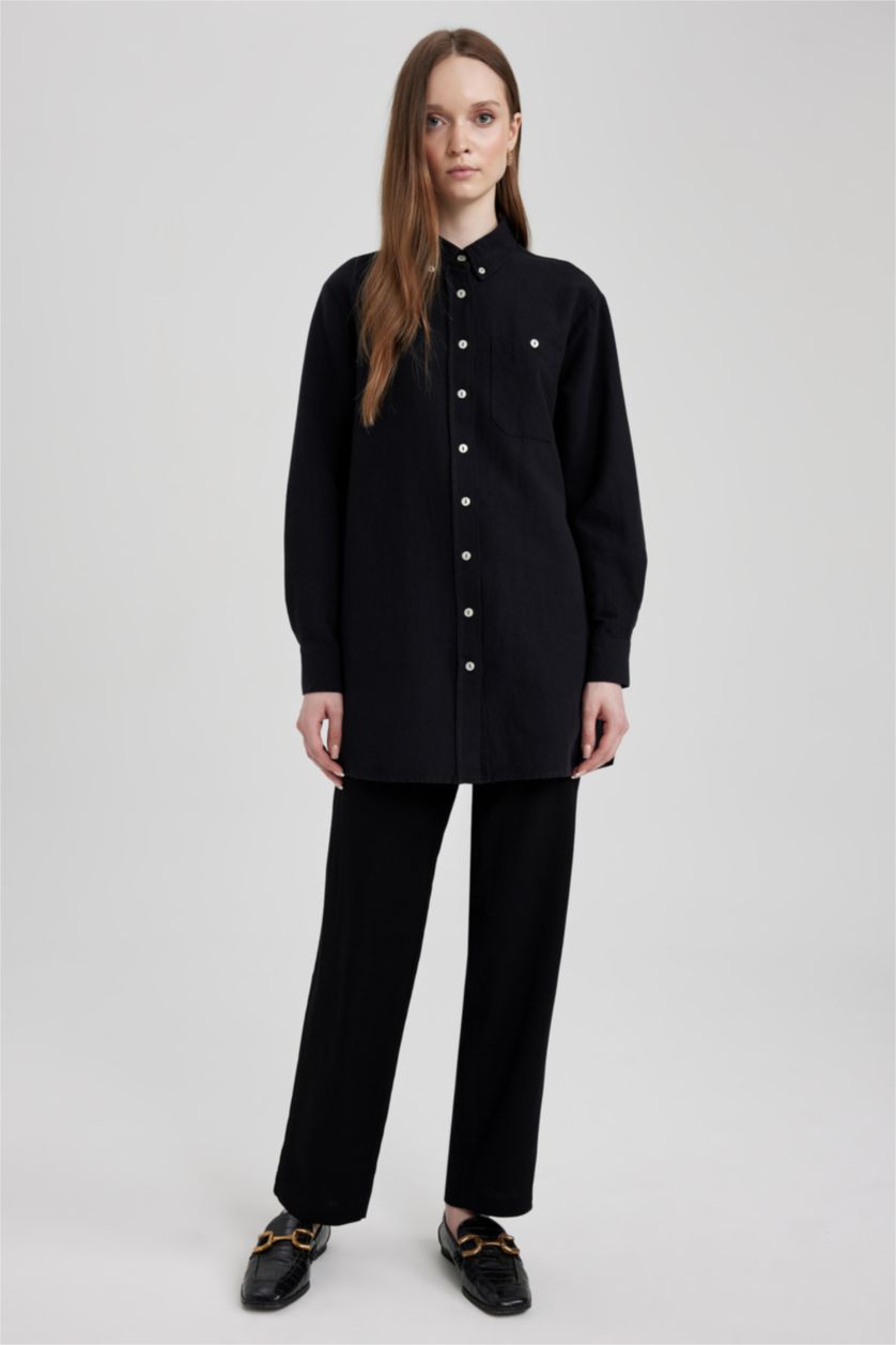 FEMME Noir Tunique À Manches Longues Lin Mélangé Coupe décontractée