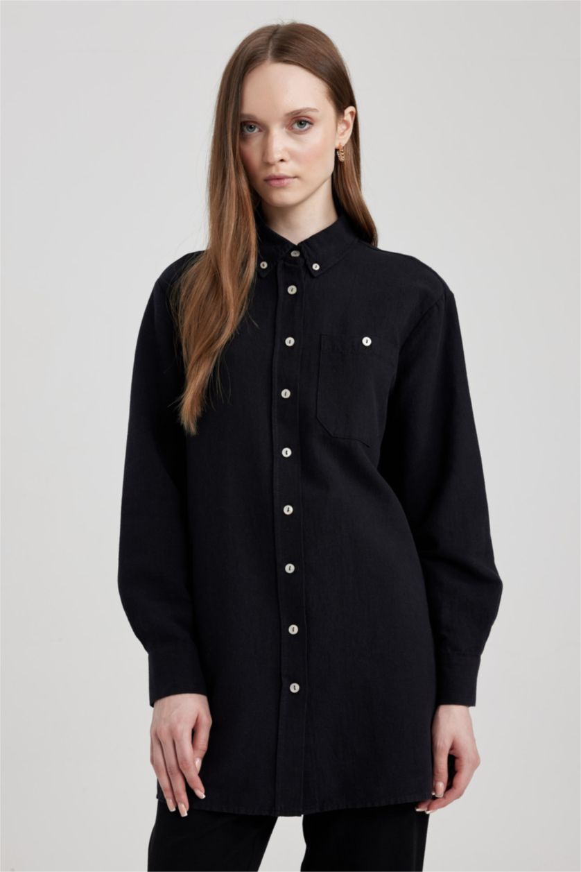 FEMME Noir Tunique À Manches Longues Lin Mélangé Coupe décontractée