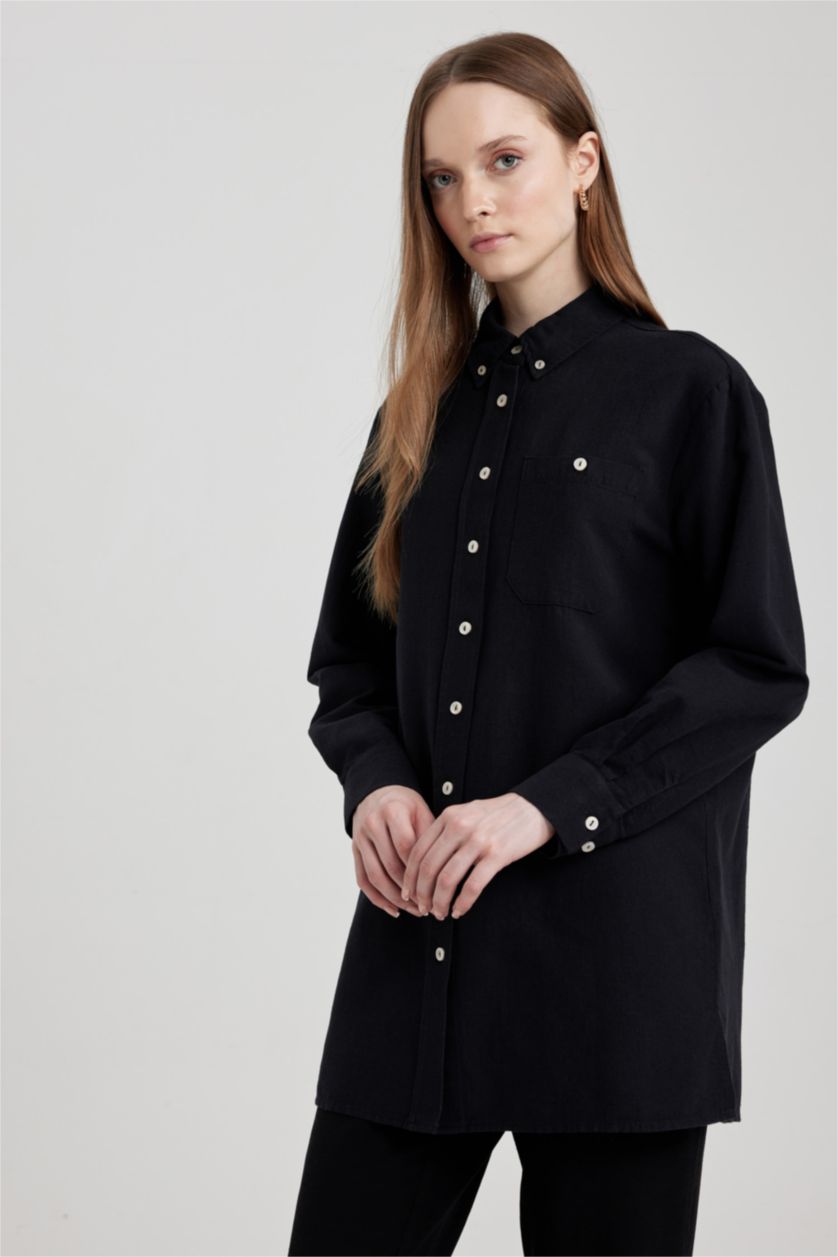 FEMME Noir Tunique À Manches Longues Lin Mélangé Coupe décontractée