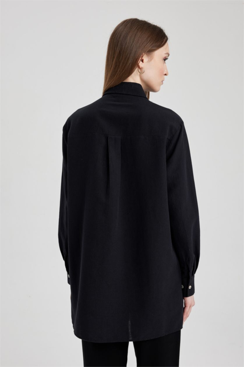 FEMME Noir Tunique À Manches Longues Lin Mélangé Coupe décontractée