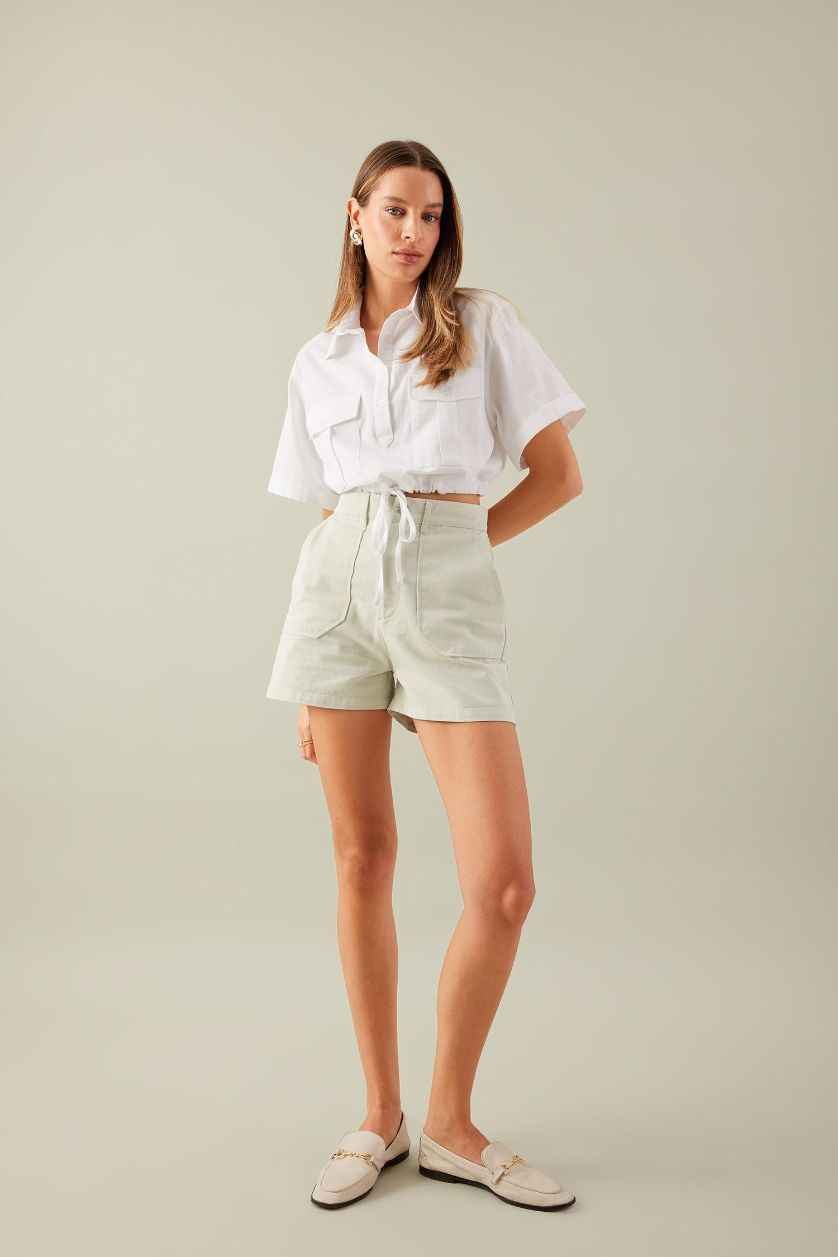 Woman Light Mint Gabardine High Waist Double Hem Shorts