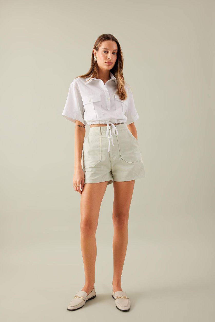 Woman Light Mint Gabardine High Waist Double Hem Shorts