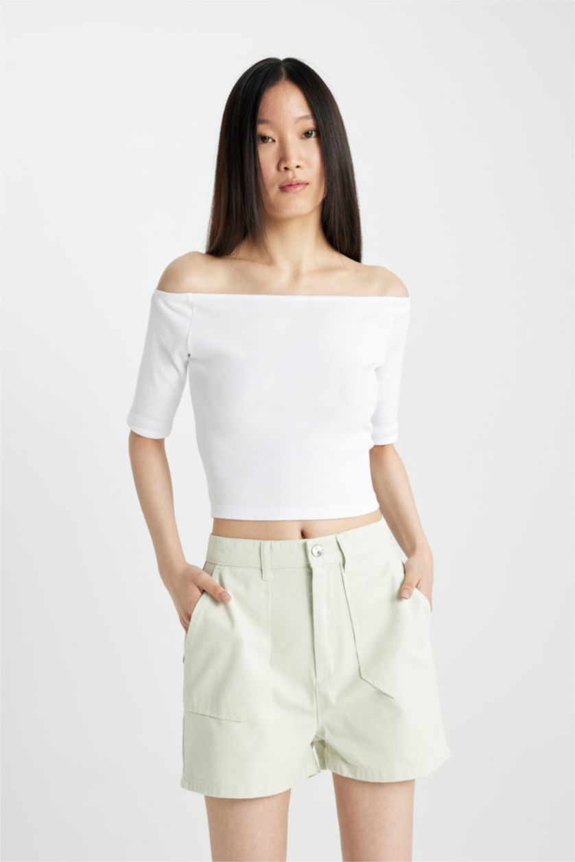 WOMAN Light Mint Gabardine High Waist Double Hem Shorts