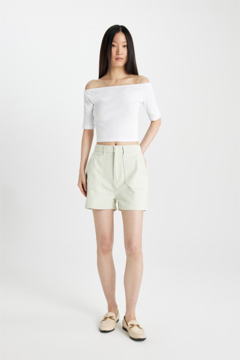 Woman Light Mint Gabardine High Waist Double Hem Shorts