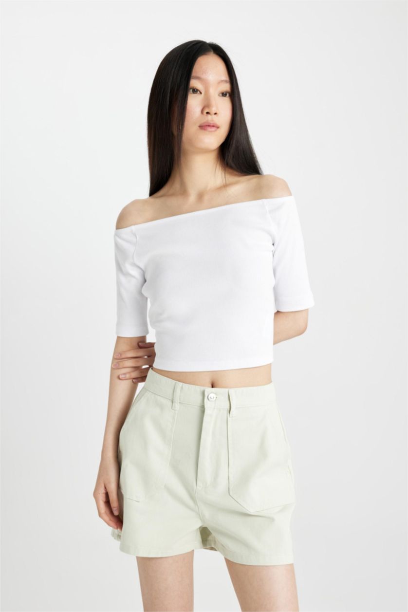Woman Light Mint Gabardine High Waist Double Hem Shorts