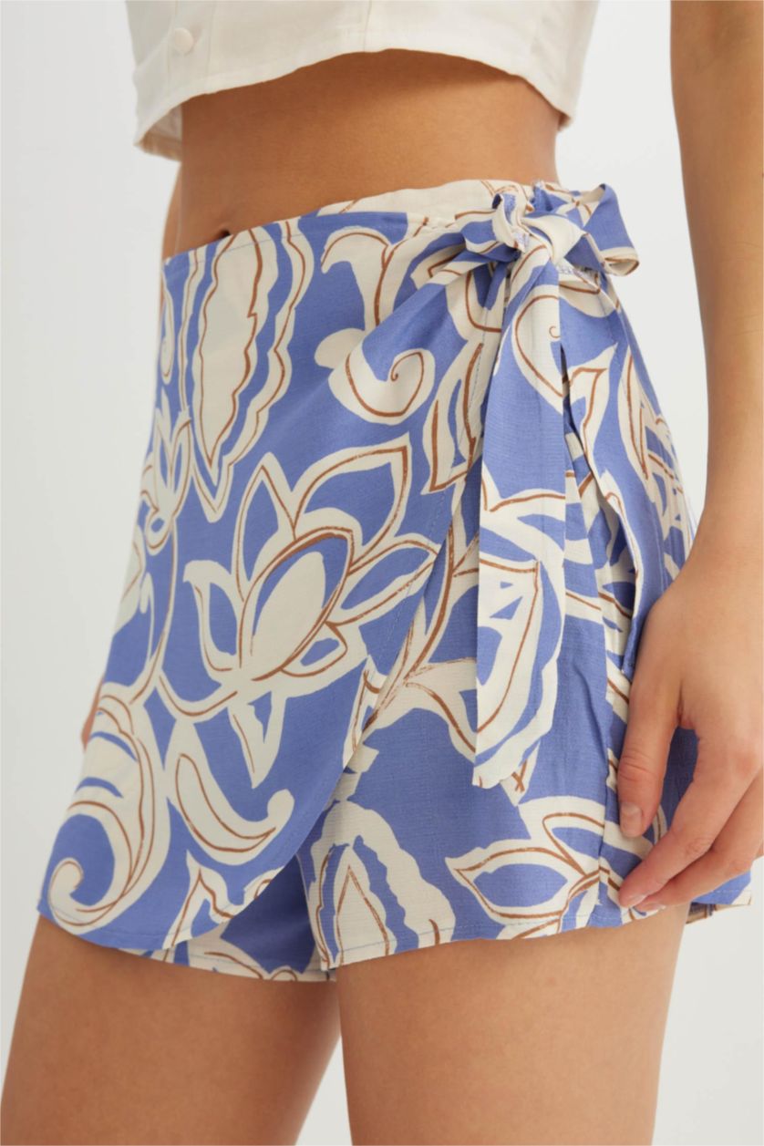 Kadın Mavi Yüksek Bel Desenli Geniş Paça Viskon Şort Etek