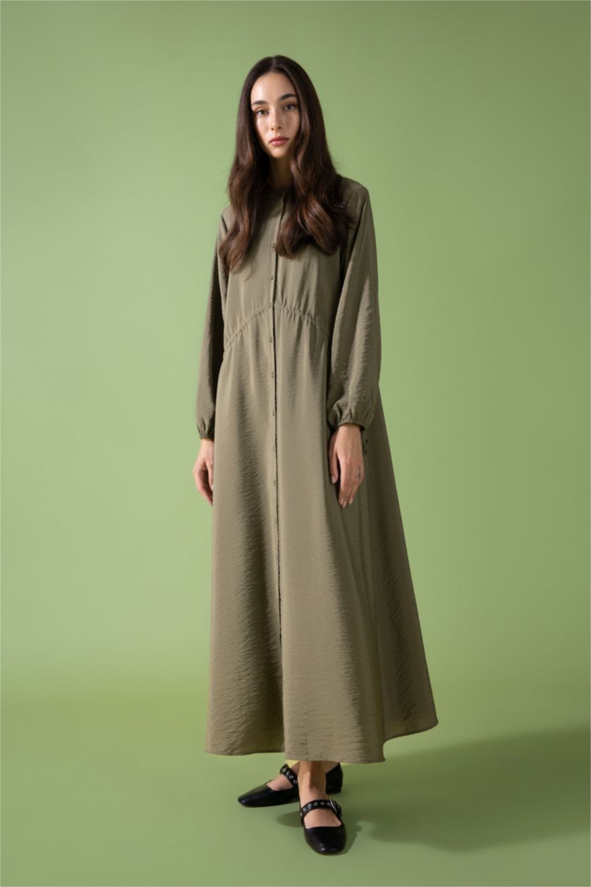 FEMME Kaki Clair Robe Coupe Relaxant Popeline à Col Rond à Manches Longues