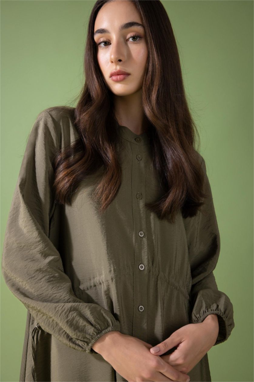 FEMME Kaki Clair Robe Coupe Relaxant Popeline à Col Rond à Manches Longues