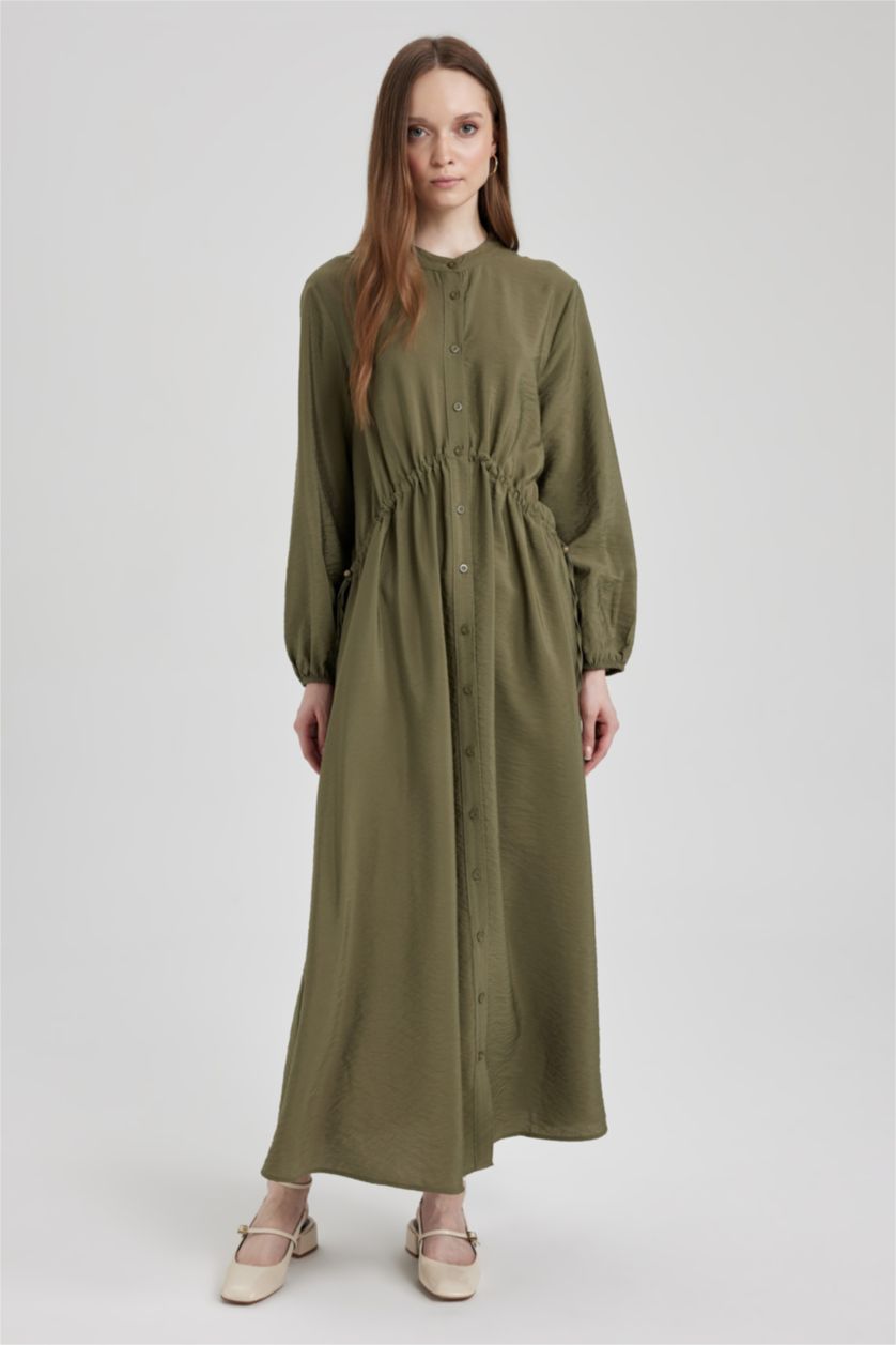 FEMME Kaki Clair Robe Coupe Relaxant Popeline à Col Rond à Manches Longues