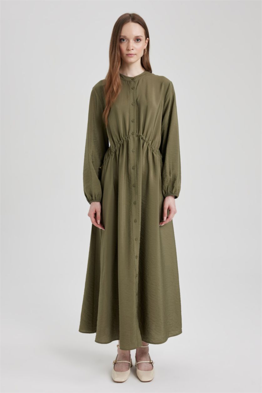 FEMME Kaki Clair Robe Coupe Relaxant Popeline à Col Rond à Manches Longues