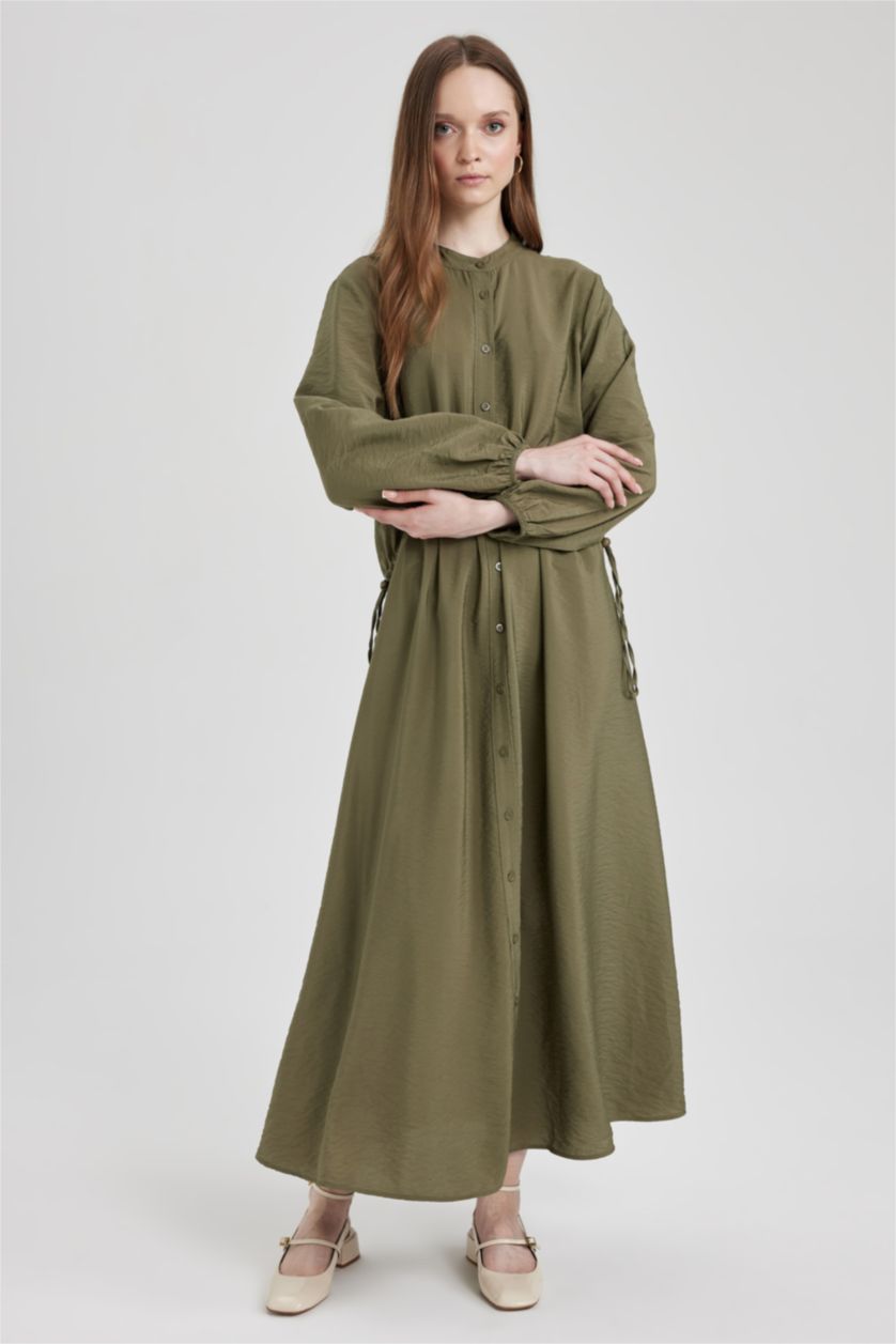 FEMME Kaki Clair Robe Coupe Relaxant Popeline à Col Rond à Manches Longues