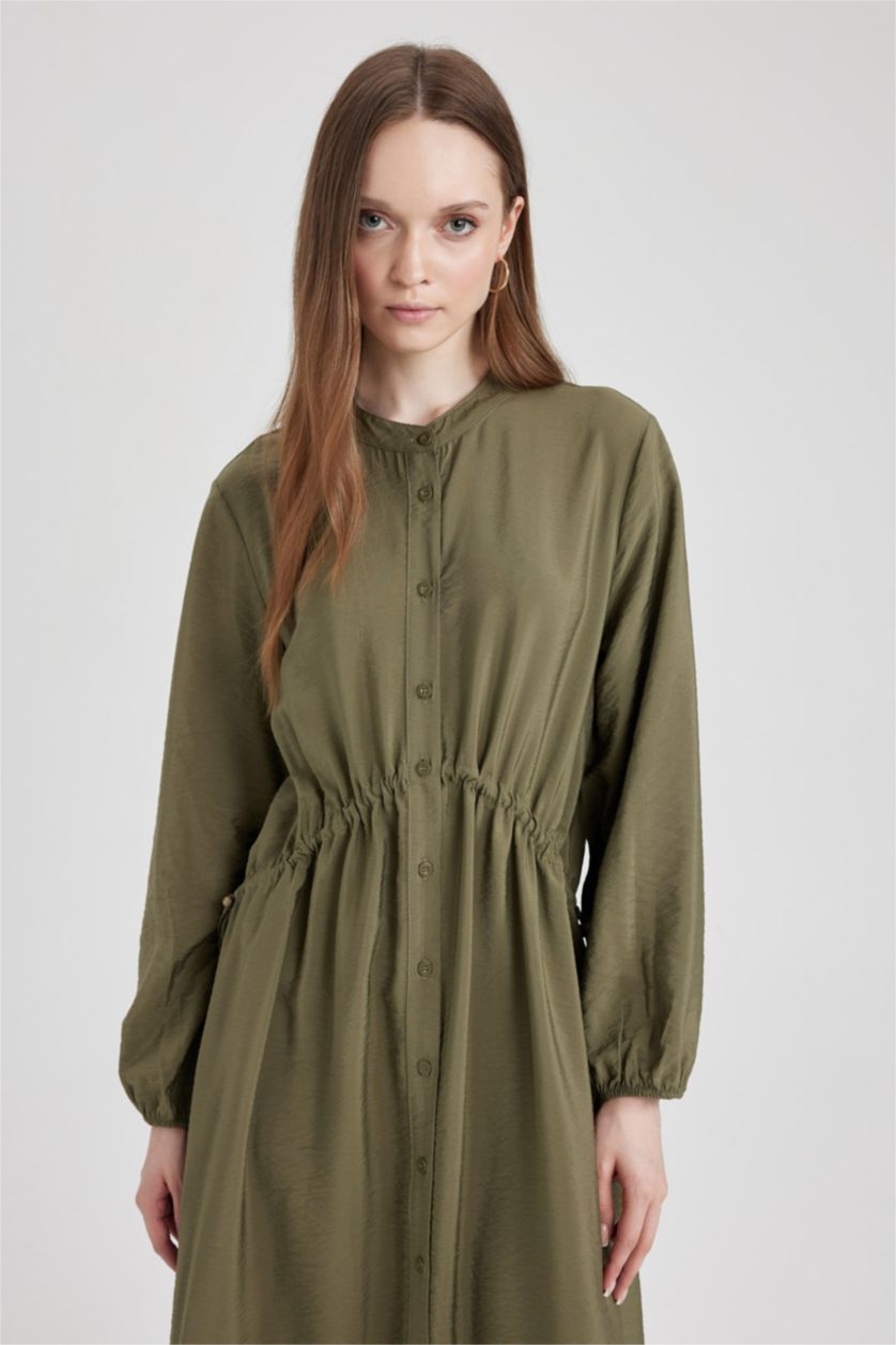 FEMME Kaki Clair Robe Coupe Relaxant Popeline à Col Rond à Manches Longues