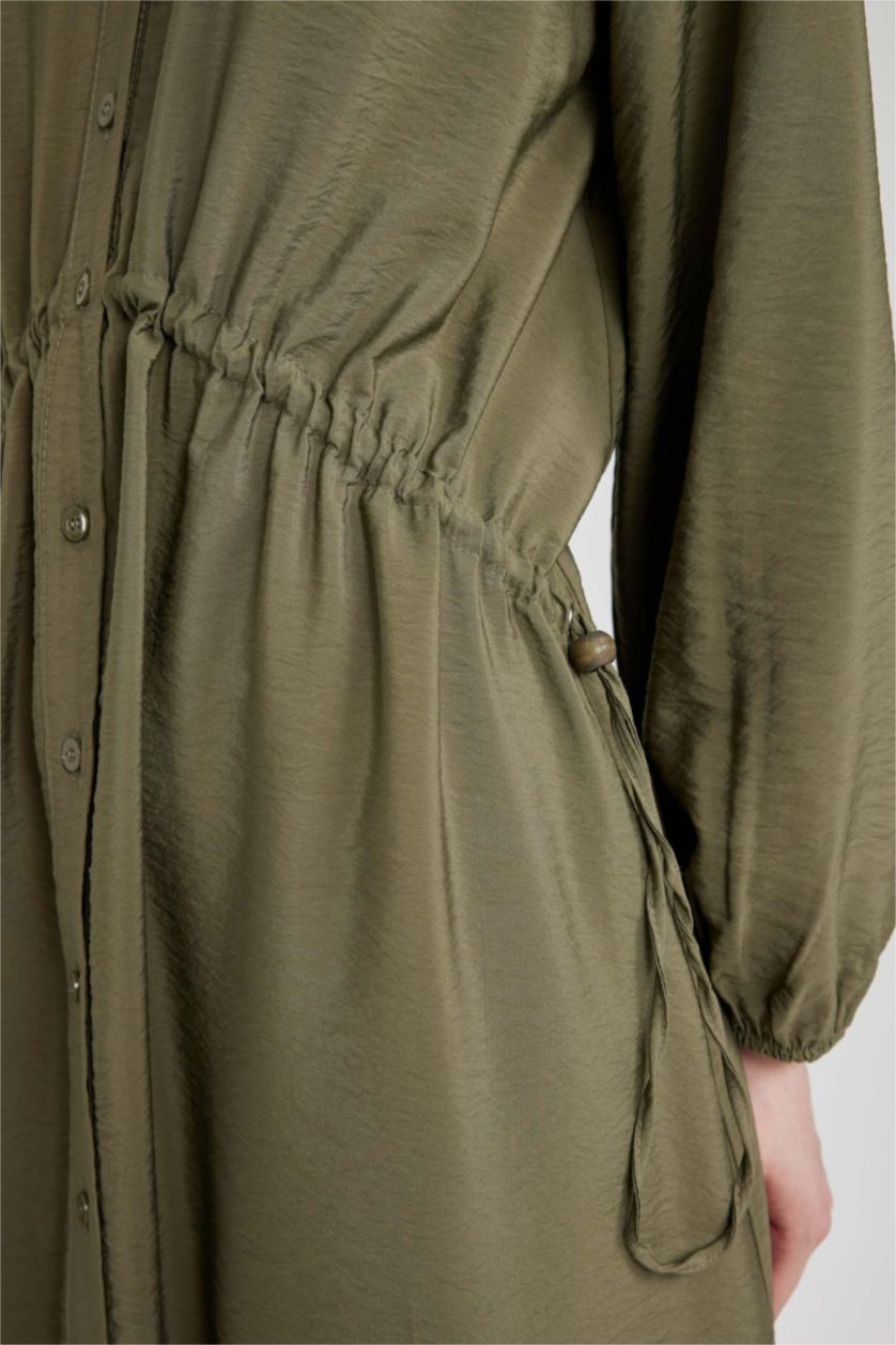 FEMME Kaki Clair Robe Coupe Relaxant Popeline à Col Rond à Manches Longues